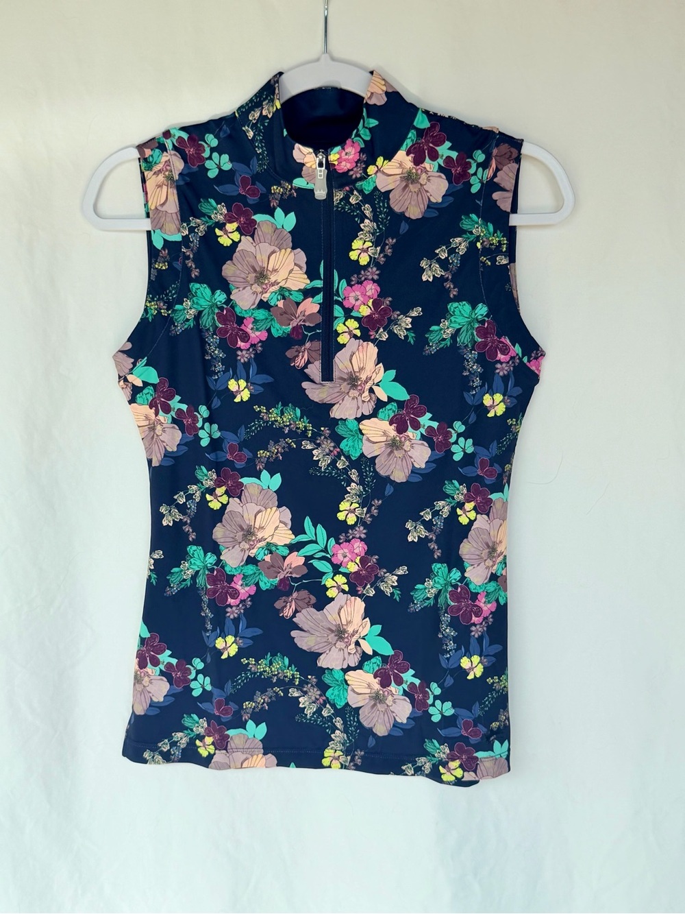 NWT - Floral Zip Mock Neck Tank Top in Navy